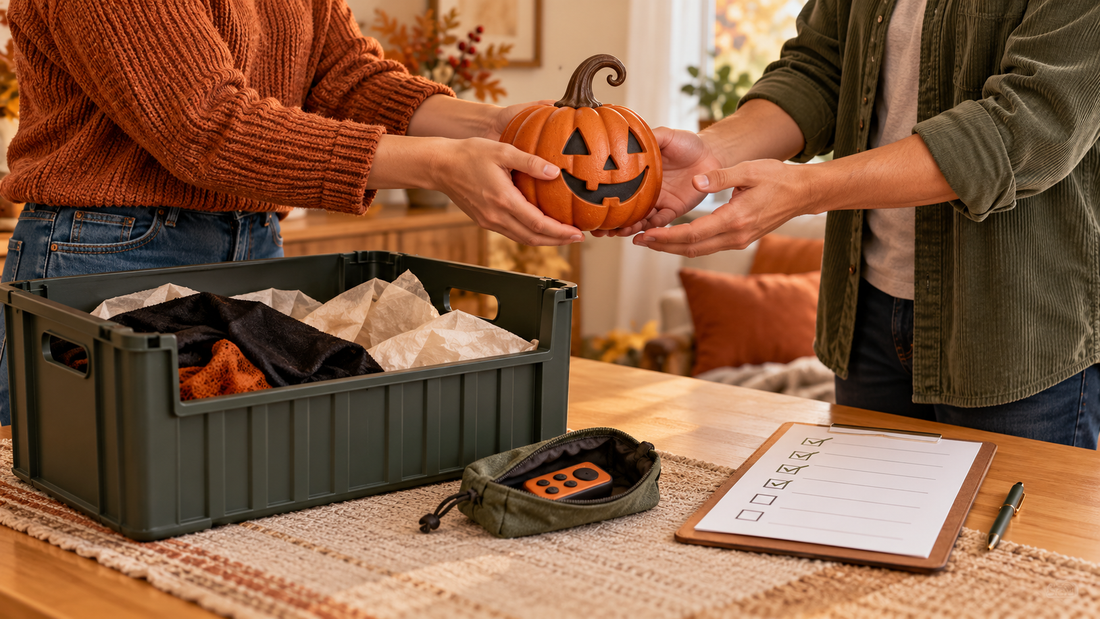 Two people exchange a small Halloween pumpkin decoration beside a storage crate, accessory pouch and checklist.