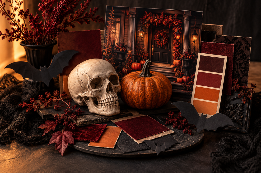 Conceptual Halloween mood board with a pumpkin, decorative skull, paper bats and charcoal, burgundy and orange color samples.