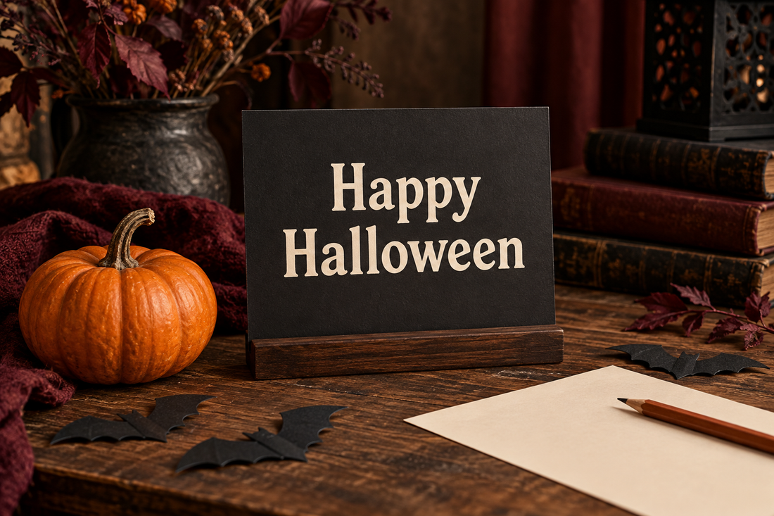 Conceptual matte charcoal sign reading Happy Halloween in cream lettering, beside a pumpkin, paper bats and a pencil.