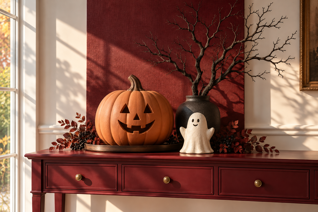 Conceptual daylight Halloween display with an unlit pumpkin, ivory ghost and decorative branches on a burgundy console.