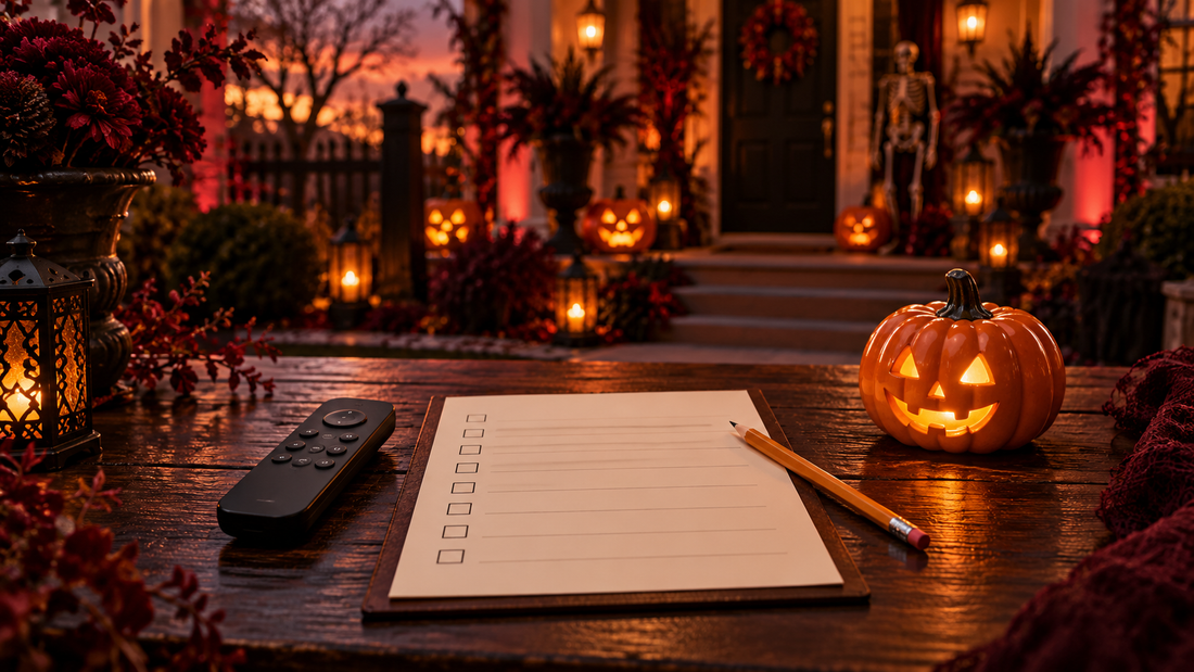 Blank nightly checklist, remote control and glowing ceramic pumpkin on a dark table before a burgundy Halloween porch.