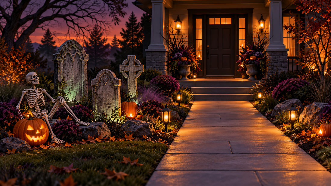 Illustrated Halloween graveyard scene with tombstone props, a skeleton, glowing pumpkins and a clear lighted walkway.