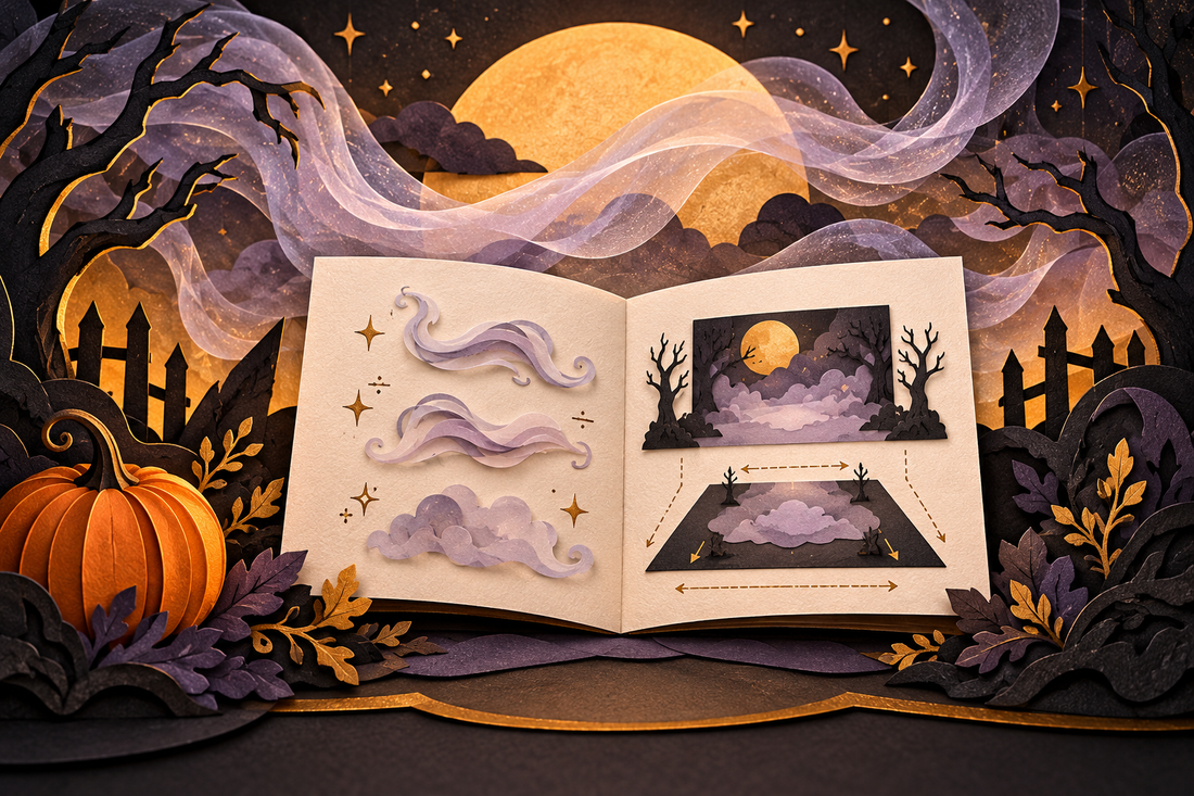 Conceptual paper-cut booklet with mist illustrations and a pumpkin against a purple and gold Halloween backdrop.