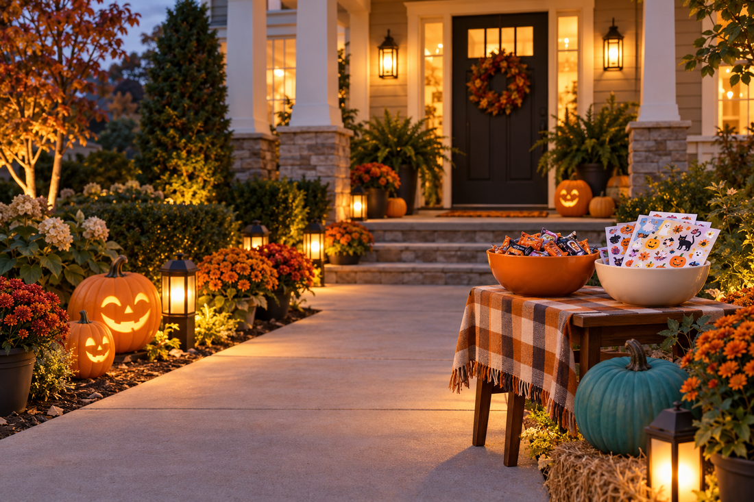 Illustration of a welcoming pumpkin-lit approach and separate bowls of wrapped treats and sticker sheets.
