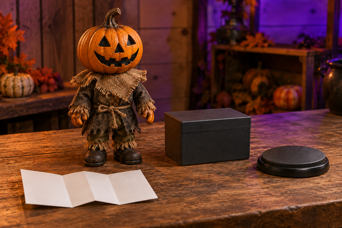 Conceptual illustration of an unpowered pumpkin-headed prop beside a closed control box, separate step pad and blank instruction leaflet.