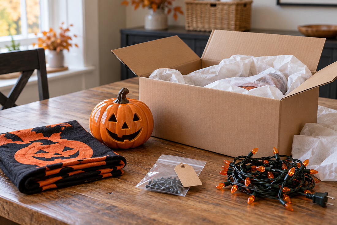 Illustration of Halloween decorations, a hardware pouch and disconnected lights ready for careful packing.