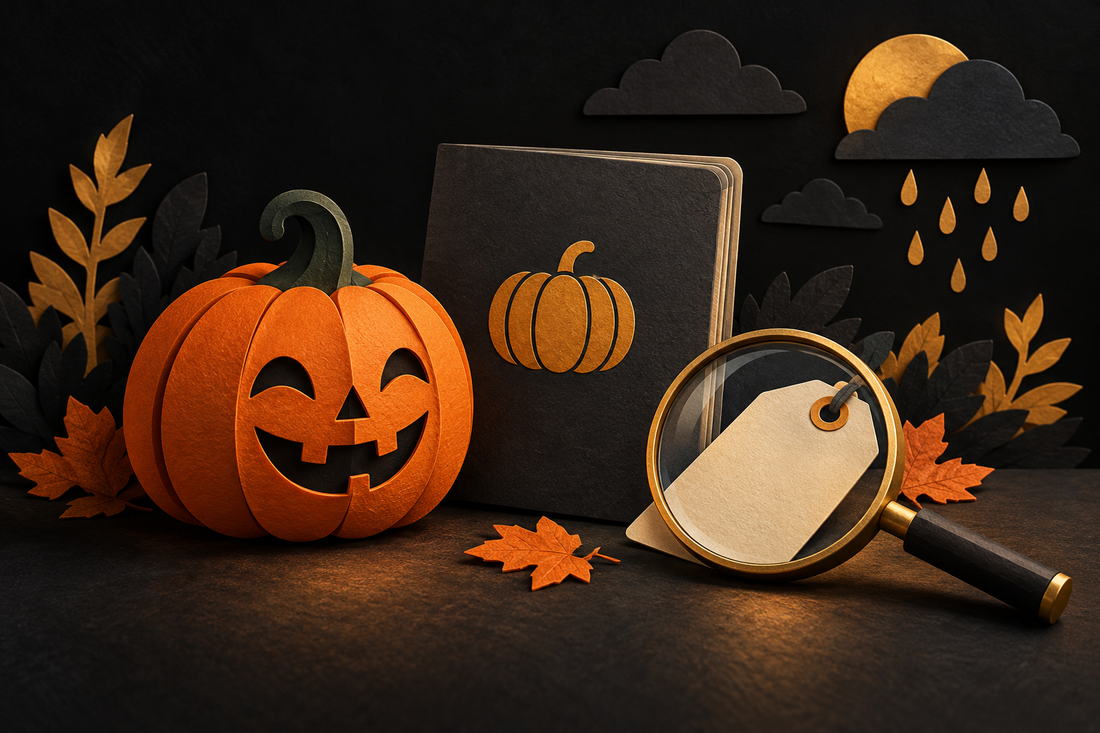 Conceptual paper-cut pumpkin, instruction booklet and magnifying glass beside weather symbols.