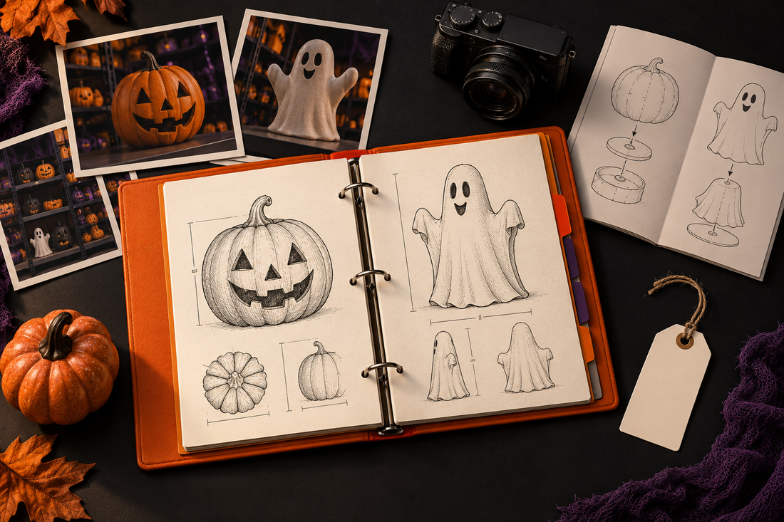 Orange reference binder with pumpkin and ghost sketches, a camera, prop photographs and a blank inventory tag.