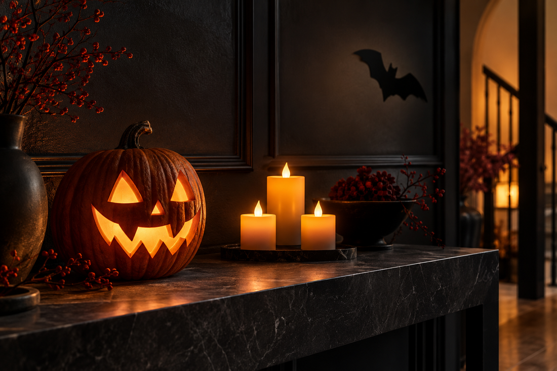 A glowing jack-o-lantern and three flameless-style lights on a dark console.