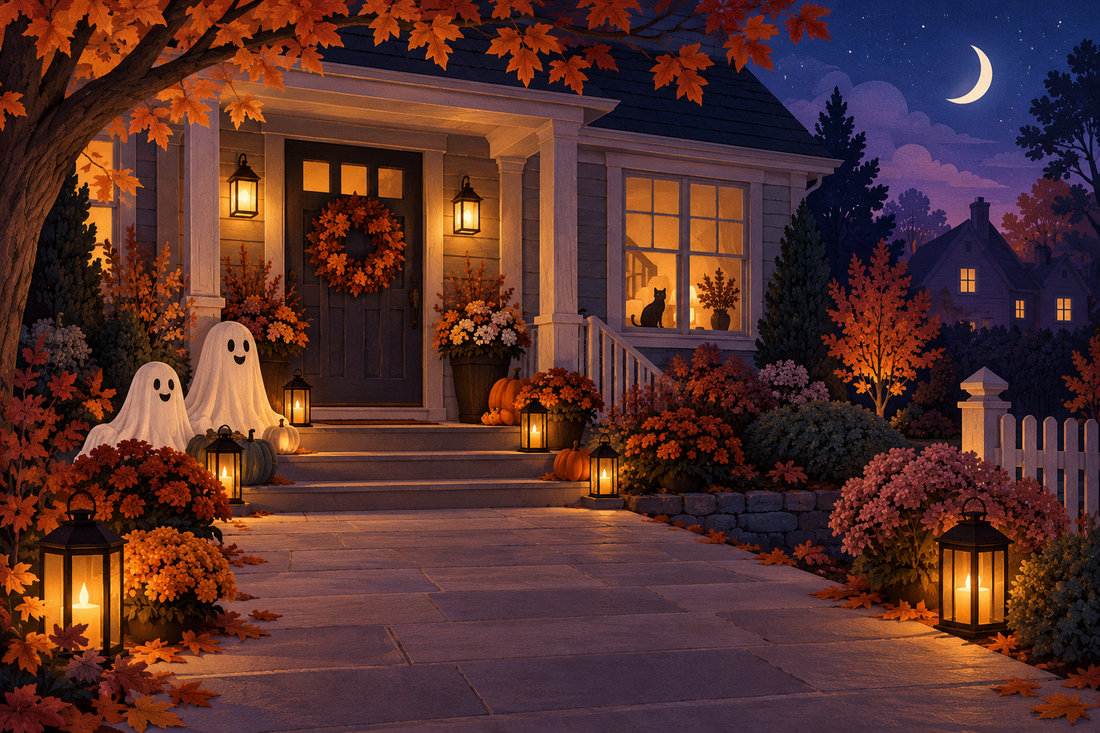 Conceptual illustration of a quiet Halloween porch with friendly ghosts, pumpkin decorations, steady lanterns and a clear walkway.